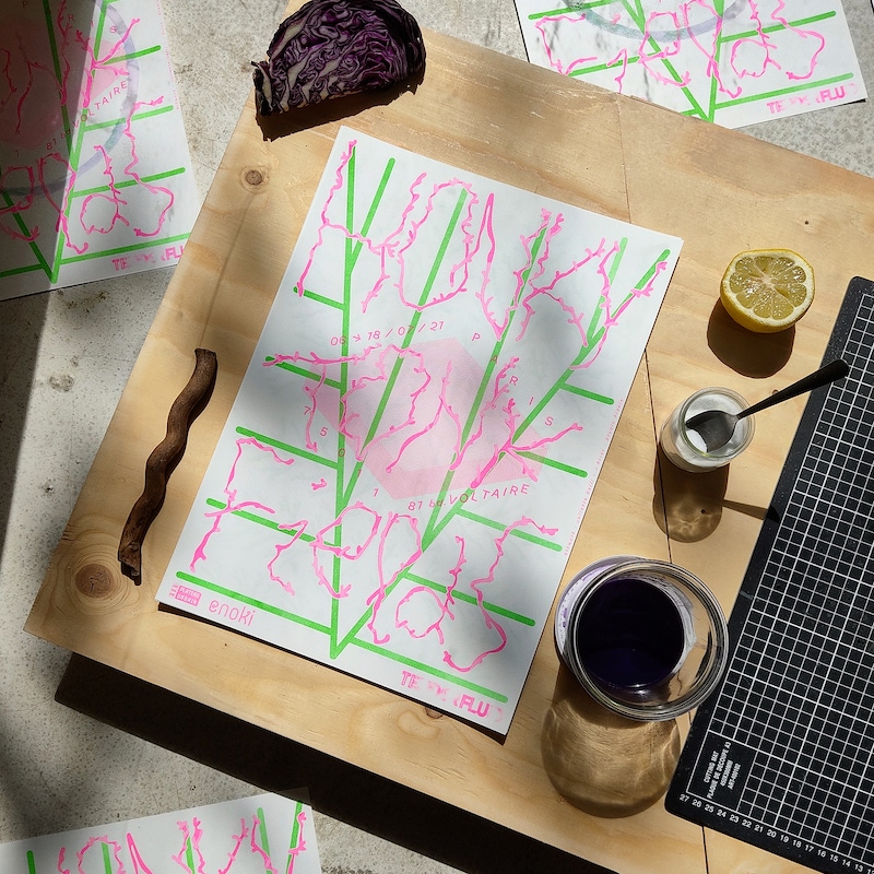 Honky-Tonk-Fields_Juliette-Gelli_Honky-Tonk-Fields_Risographie-rose-et-vert-fluo-encre-de-chou-bicarbonate-jus-de-citron-sur papier_2021_credit-photo-TENDERFLUID