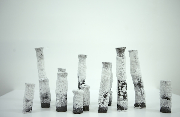Laura O'rorke, Chandeliers cristal de sel, éléments du Banquet, dernier volet perforé du projet Téloméris Exposition Polder II, Glassbox, 2015