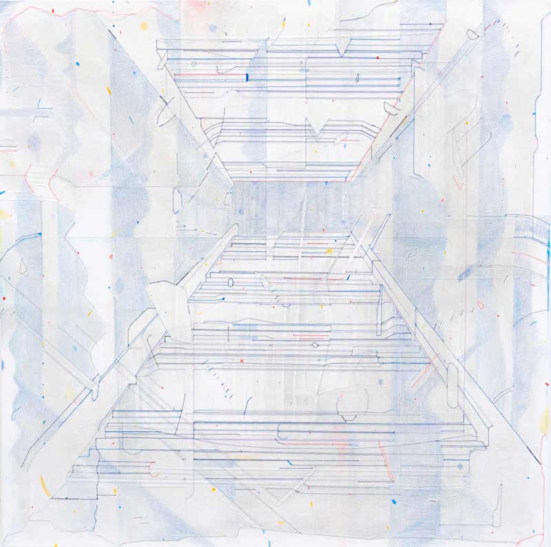 Keita Mori, Bug report (Potemkin stairs), 2015. Fil de coton et fil de soie, acrylic, caran d'ache sur toile. 70 x 70 cm.
