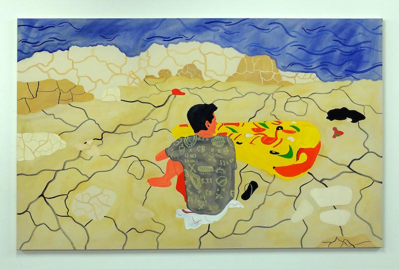 Elvire CAILLON, Gilles et le matelas-pizza, 2016, 130 x 195 cm, huile sur toile. © Elvire Caillon