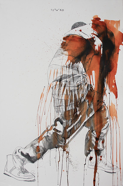 Fahamu Pecou, Tetherd, acrylique et graphite sur papier. Série GRAV•I•TY (2013-2014)