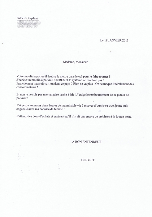 Gilbert Coqalane écrit Aux Services Après-vente - Courrier Ducros