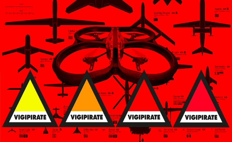 Miyö Van Stenis, Vigipirate Cuadcopter Drone Project (version augmentée), 2017. Installation Drones : matériaux divers (plastique, aluminium). Dimensions variables. Courtesy de l’artiste.