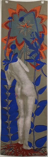 Julie Polidoro, Je suis un arbre IV, 2018. Technique mixte sur toile de lin suspendue, oeillets en métal, 250 x 74 cm. Courtsey artiste et Galerie Valérie Delaunay.
