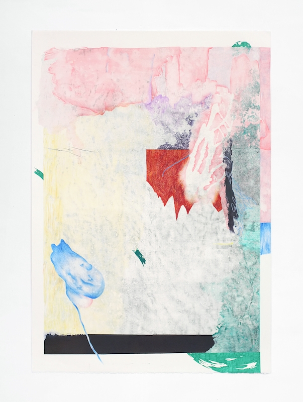 Côme Clerino, REVERS BLEU UN Transfer, acétone, acrylique, pastel, bâton à l’huile, crayon de couleur, feutre et mine graphite sur papier, 140 x 100 cm, 2017.