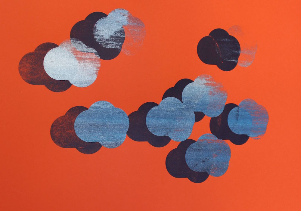 Maud Louvrier-Clerc, Ceci n'est pas un nuage ! Et vous, quel ciel souhaitez-vous créer ? 2018. Sérigraphie expérimentale, tirage unique, monotype réalisé à la main par l'artiste