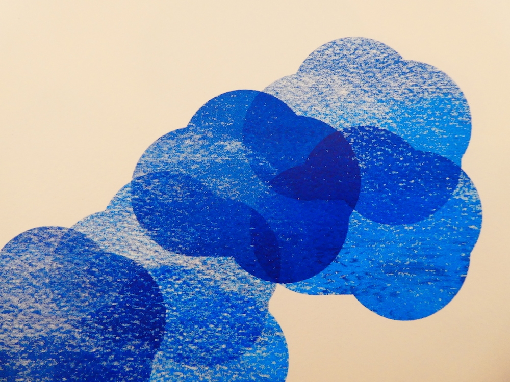 Maud Louvrier-Clerc, Ceci n'est pas un nuage ! Et vous, quel ciel souhaitez-vous créer ? 2018. Sérigraphie expérimentale, tirage unique, monotype réalisé à la main par l'artiste