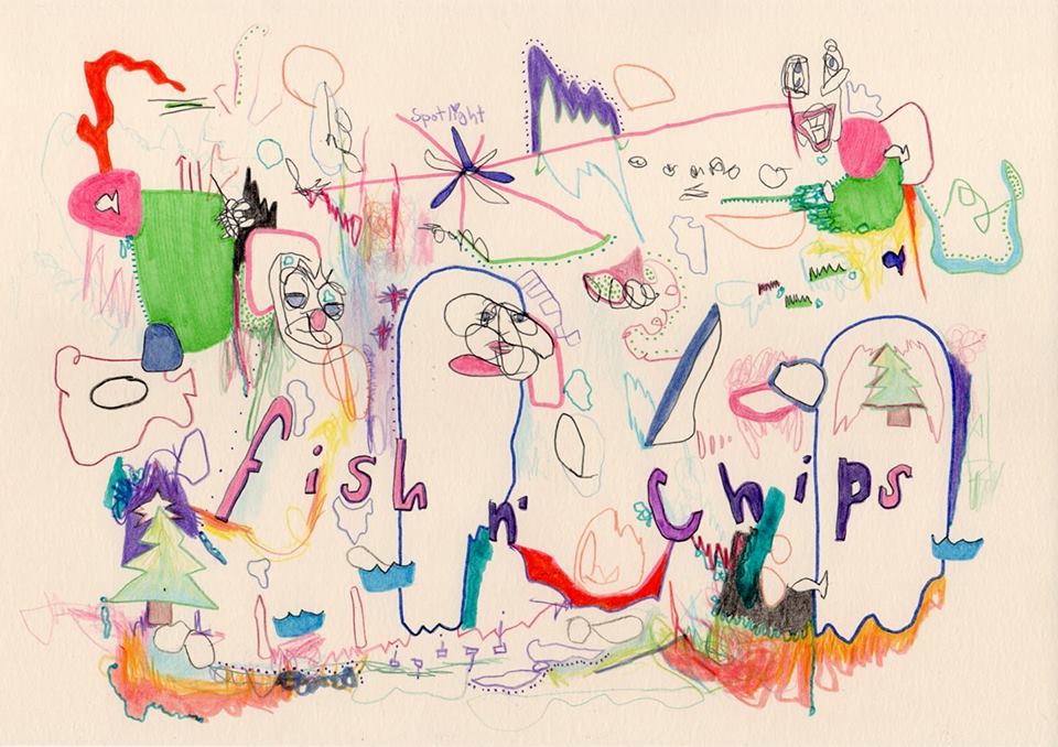 Emilie Gervais, « fish n' chips », médias mixtes sur papier format A4, 2018
