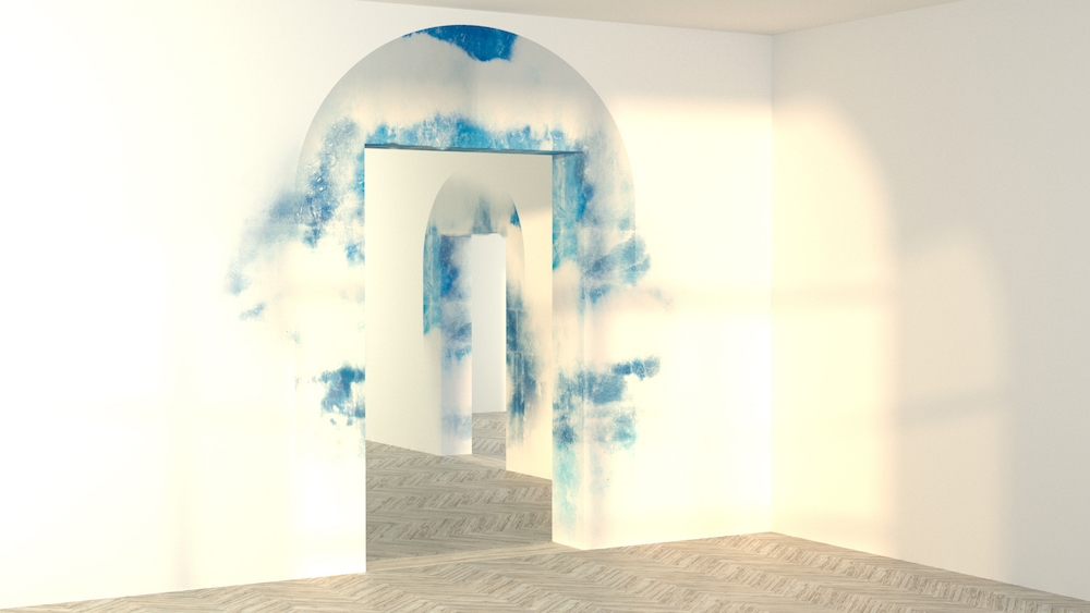 Côme Di Meglio, Les Portes du ciel, 2018, transfer sur enduis à la chaux et poudre de marbre, dimensions variables