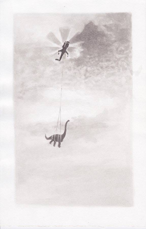 Romain Trinquand, Dino-copter, dessin, lavis, encre de chine. Exposition « Allée des Sphinx » avec Julien Deprez, Vanina Langer, Romain Trinquand, Claire Vaudey jusqu’au 25 Août 2019 au Louxor Paris