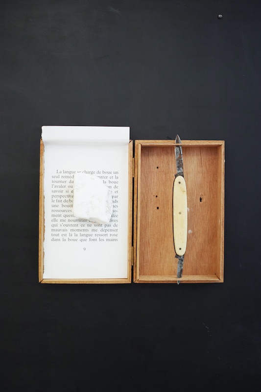 Ícaro Lira, Sans titre | 2019 boîte en bois, canif, pierre, page de livre, plaque pvc 86 x 61 x 3 cm. Courtesy et photo Salle Principale