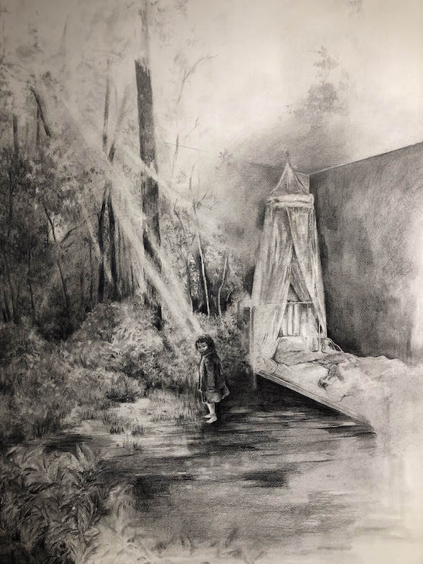 Lamri Magdalena, Frontière 4, 2014. Graphite et fusain sur papier, 70 x 110 cm