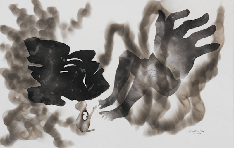 GeraIdine TOBE, Esprit des ancêtres, 2019. Fumée sur papier et collage, 57 x 38,3 cm