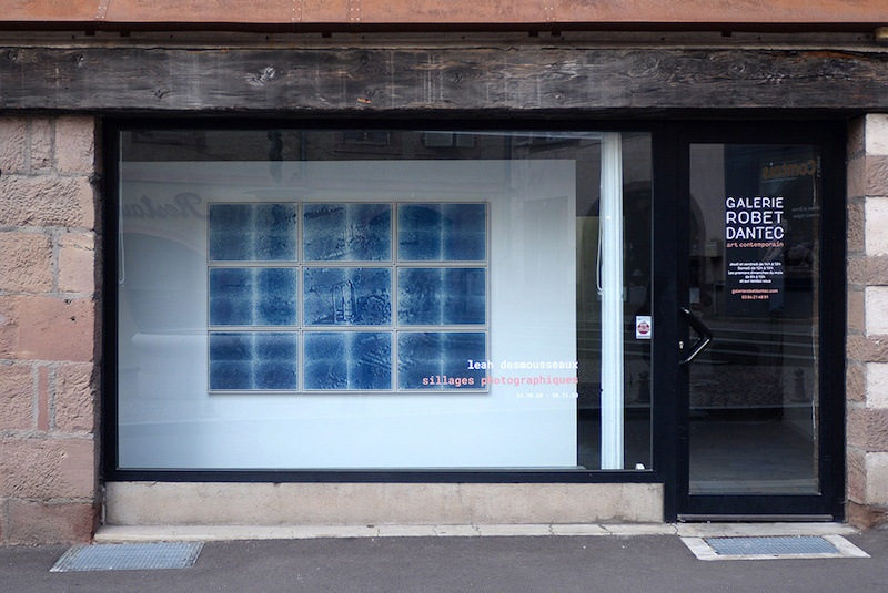 En vitrine : Leah Desmousseaux, 34°33’15" N, 38°16'00" E (Palmyre II), 2020 Tirage cyanotype sur papier Arches - 9 éléments Dimensions : 110 cm x 170 cm