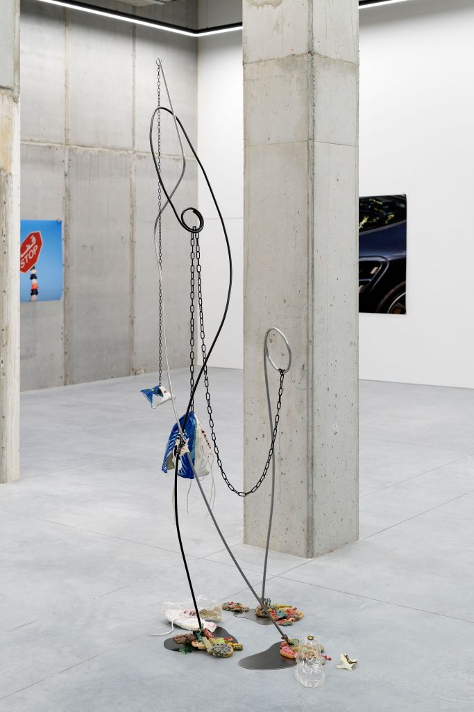 Samuel Fasse Dance With Me, 2021 Stainless steel, iron chains, upcycled Nike elements, thermoformed shells 260 x 77 x 77 cm