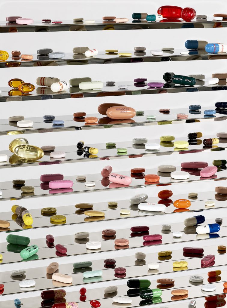 DAMIEN HIRST The Days, the Hours, the Minutes, the Seconds, 2008 (detail) Glass, stainless steel, steel, aluminum, nickel, bismuth and cast resin, colored plaster, and painted pills with dry transfers Each part: 36 x 54 x 4 in 91.4 x 137.2 x 10.2 cm © Damien Hirst and Science Ltd. All rights reserved, DACS 2021 Photographed by Prudence Cuming Associates Ltd Courtesy Gagosian