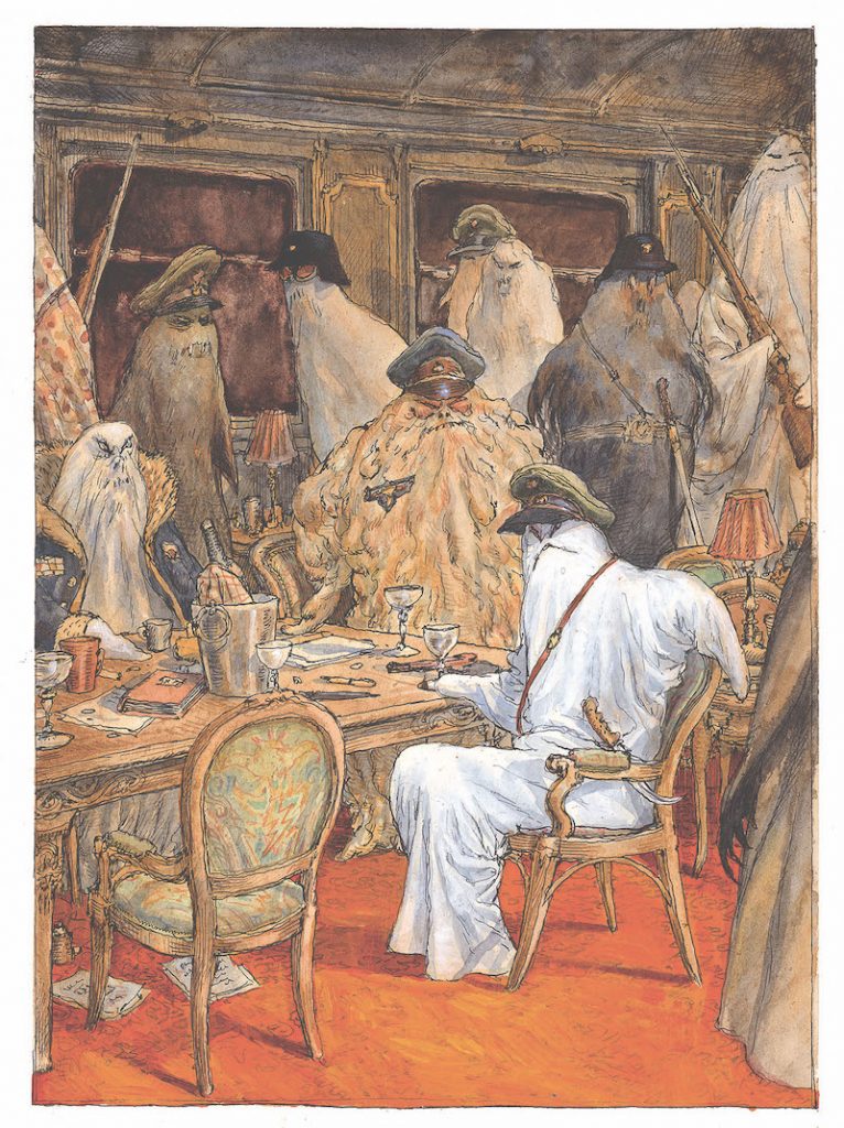 Nicolas de Crécy Image extraite de Les Amours d’un fantôme en temps de guerre, éd. Albin Michel, 2018, p. 147. Aquarelle et encre noire sur papier, 24 x 32 cm. © Albin Michel