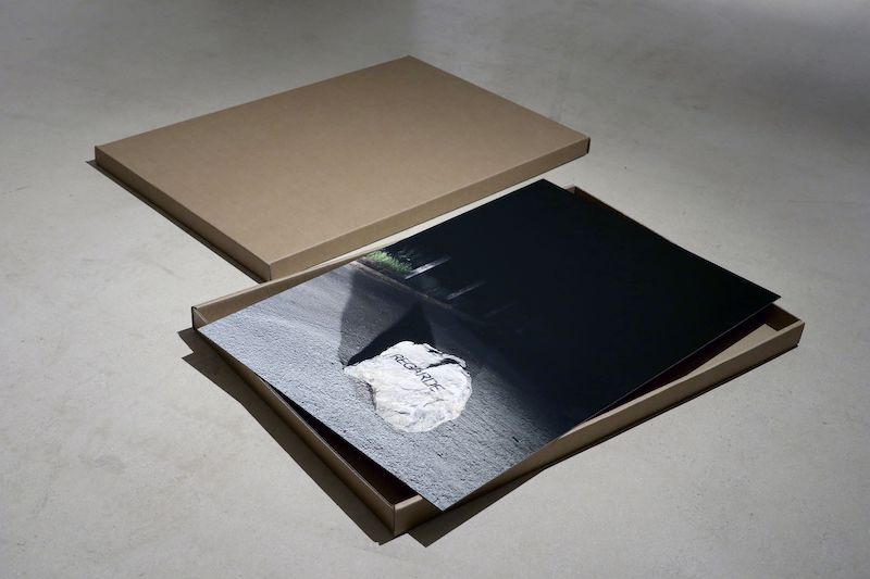 vue de l'exposition, REGARDE, Laurent Lacotte, 2021, tirage pigmentaire contrecollé sur dibon, 90 x 60 cm, boite en carton.