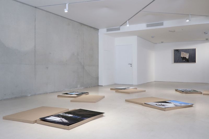 vue de l'exposition, au premier plan MANIFESTATION, Laurent Lacotte, 2021,, tirage pigmentaire contrecollé sur dibon, 90 x 60 cm, boite en carton.