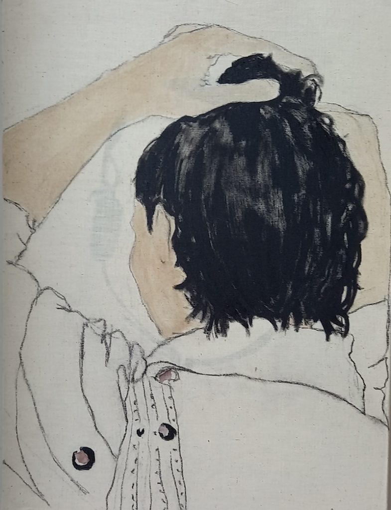 Juliette Lemontey, Le chignon, 2021. Huile, fusain, brou de noix et collages sur toile. Photo de Juliette Lemontey