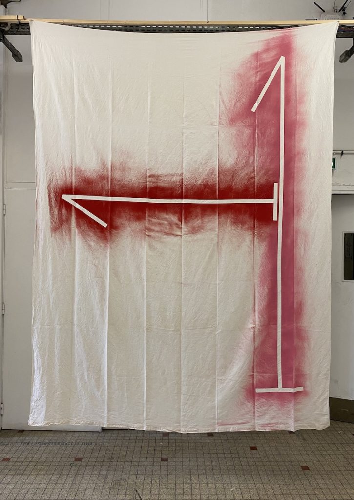 Michel Dector, Sans titre, 2021, peinture aérosol sur drap ancien 200 X 276 cm