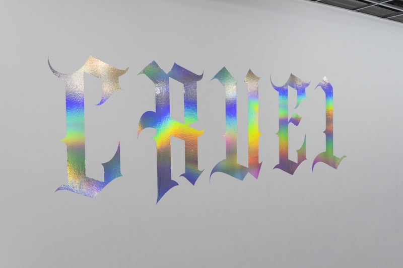 Floryan Varennes, CRUEL, 2022 300 x 100 cm, papier iridescent Vue exposition collective Rapide et Furieux jusqu'au 26 février 2022, Le Port Des Créateurs, Toulon - Commissariat Léo Fourdrinier