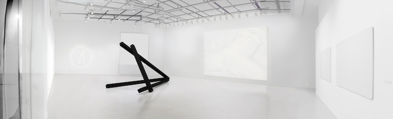 Natacha Mercier, Exposition Vasistas ? au Ciam dans le Cube à Toulouse (F). Fresque murale L’origine, acrylique sur plaques de plâtre de 435 x 355,5 x 30 cm. Structure en bois peint Sans titre de 430 x 200 x 220 cm. Série de peintures sur panneaux en aluminium (peinture automobile sur aluminium, dimensions variables), 2016. Commissariat : Jérôme Carrié.