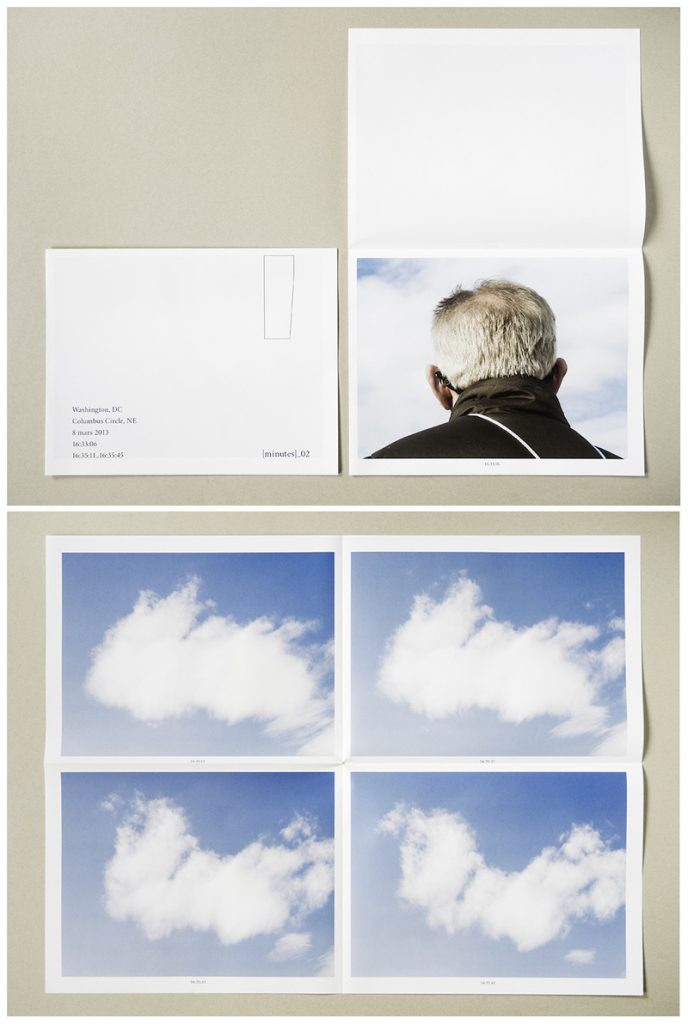Pierre-Lin Renié, [minutes] n° 2, décembre 2016 : Jour de grand vent, Washington, 8 mars 2013, 16:35:11-16:35:45 Impression numérique sur couché brillant 130 g 21 x 27,2 cm (fermé), 42 x 54,5 cm (ouvert)
