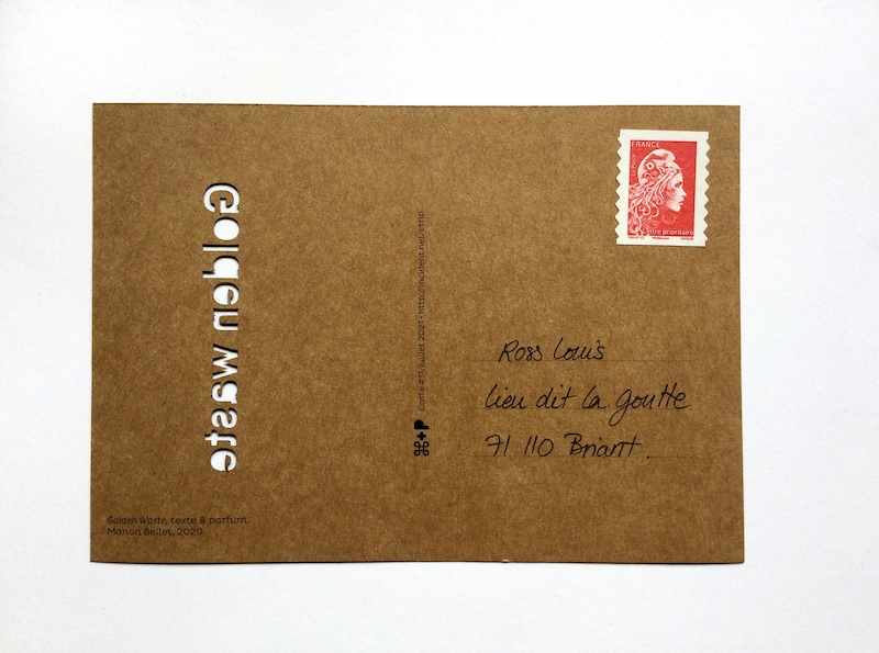 Manon Bellet
Golden Waste, 2020
Découpe laser sur papier brun 250g, parfum par Manon Bellet et Andres Wilhelm
10,5 x 15 cm
édité par CTRL+P
