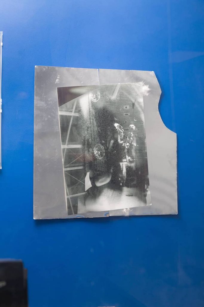 Clémentine Bruno, Storage for apparition, 2023, Aluminum, cotton, printed poster 28x27 inches