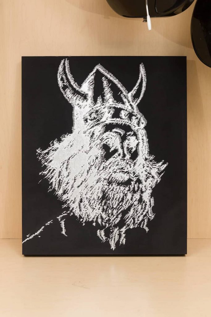 Aaron Young, Outsider, 2023, 2023, Automotive chrome & carbon paint on wood, 16x20 inches
Photo Ian Byers-Gamber