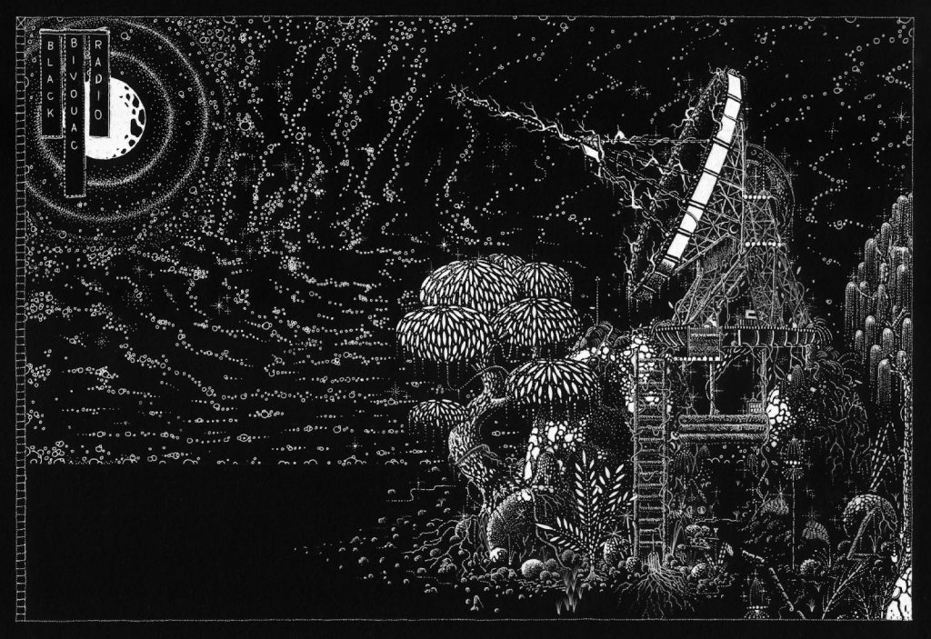 Jack Tezam, Black Bivouac Radio (extrait de la série l’Archipel),
210 x 297 mm, Encre de Chine sur papier Canson® 200 gm2,
2020.