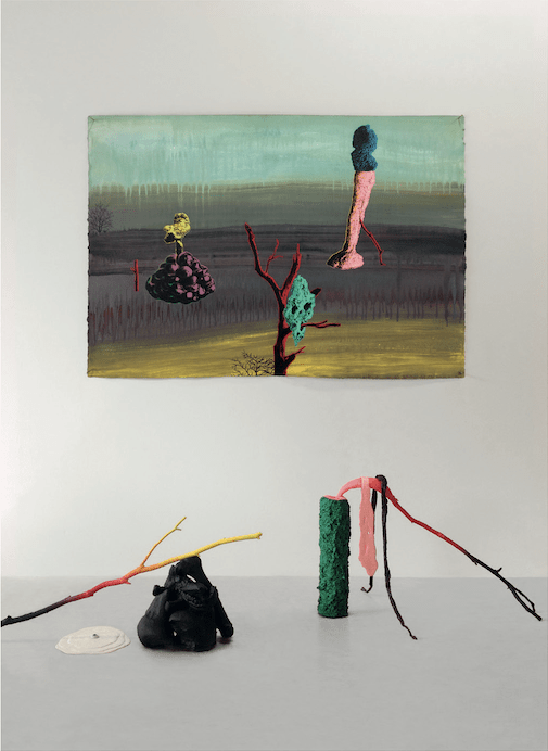 Chloé Poizat, Nouvelles Fictions, 2015-2017
Ensemble constitué de peintures sur papier, de sculptures, de masques, de photographies, et d'un son. Courtesy artiste