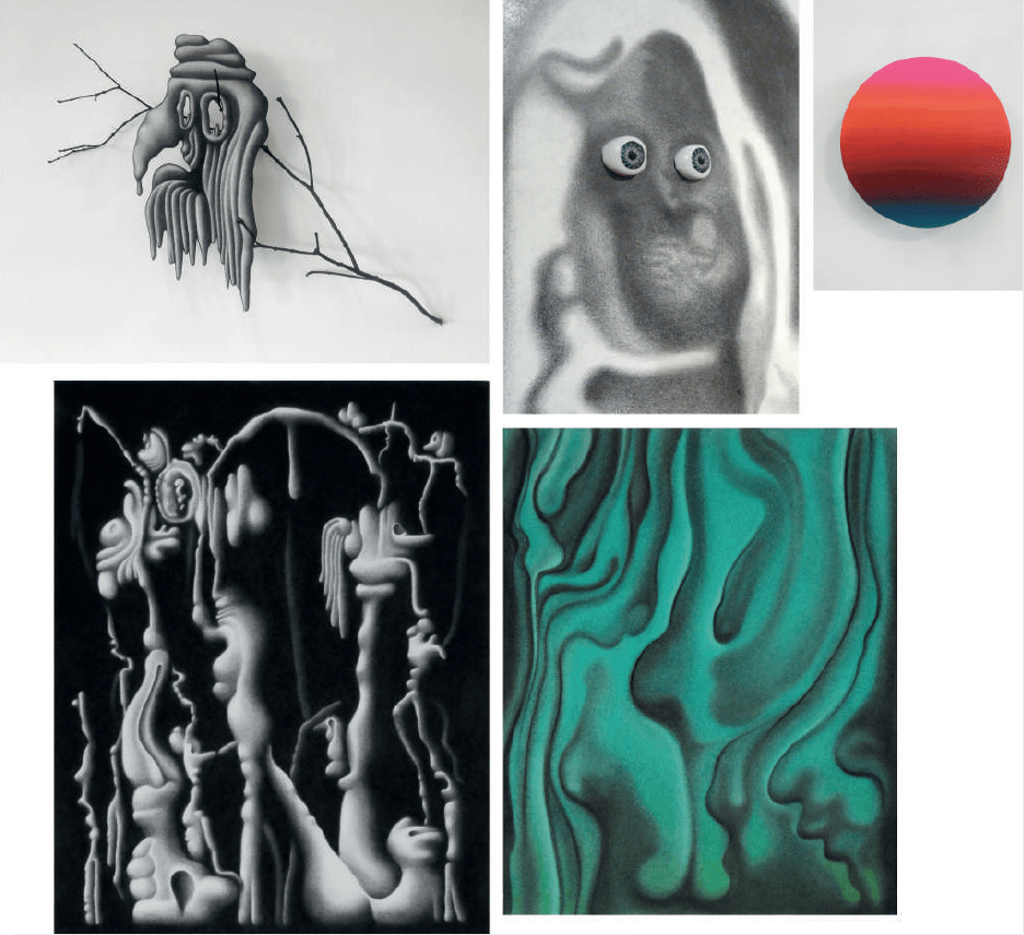 De gauche à droite et de haut en bas :
Lambeaux, série, 2018-2019. Fusain sur papier, branche, peinture acrylique, 41 x 52 X 9 cm
Spirites, détail 2011-2013. Ensemble de 43 dessins, techniques diverses sur papiers divers, yeux en plastique, dimension variable 243 x 120 cm
Nouvelles Fictions, détail, 2015-2017. Acrylique sur papier, diamètre 13,5 cm.
Dans la nuit, série, 2018-2019. Fusain sur papier, 50 x 65 cm env.
Sfumati, série, 2018. Fusain et pastel sec sur papier, 35,5 x 44 cm. Courtesy et photo artiste