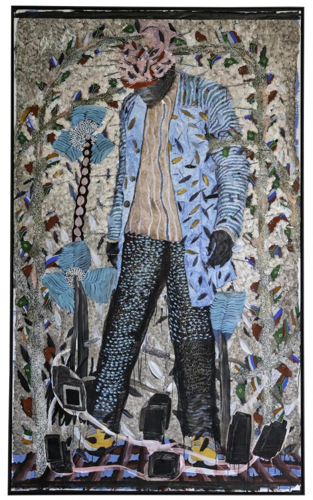 Vue de l'exposition "Destins Communs" - Omar Ba, 2023 | "Monde parallèle I", 2023 ; encre, acrylique, huile, crayon, gouache sur carton Kraft -150 x 240 cm - Courtesy de l’artiste © La Kunsthalle Mulhouse - photo : Jean-Jacques Delattre