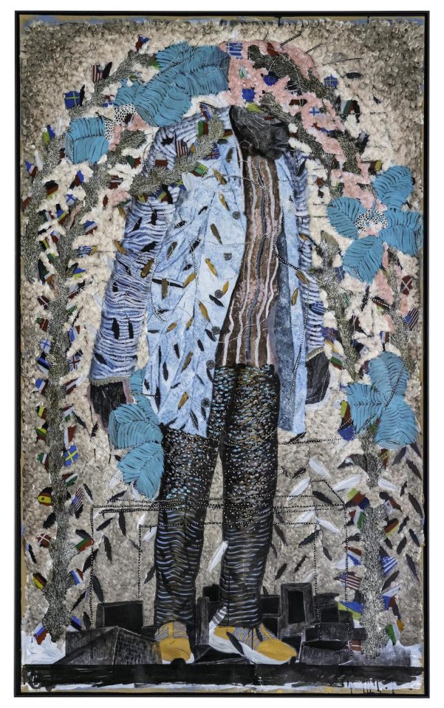 Vue de l'exposition "Destins Communs" - Omar Ba, 2023 | "Monde parallèle II", 2023 ; encre, acrylique, huile, crayon, gouache sur carton Kraft -150 x 240 cm - Courtesy de l’artiste © La Kunsthalle Mulhouse - photo : Jean-Jacques Delattre
