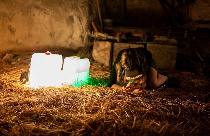 Rémi Lécussan, Farming, performance, Oculus Rift, poils d'agneaux, pesticides. Performeuse: Emma Redon. Résidence Voyons Voir. Crédit photographique: Nassimo Berthommé