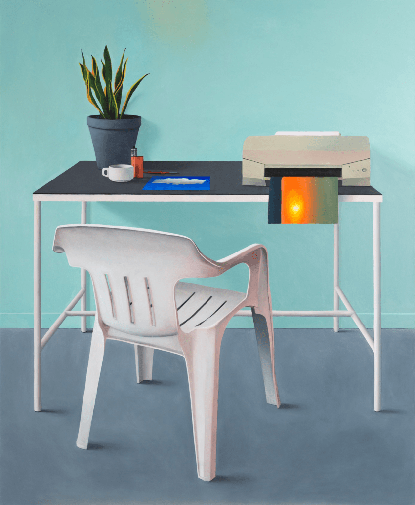 Marius Pons de Vincent, Studio 8 (impression soleil couchant), huile sur bois, 110 x 90 cm, 2020