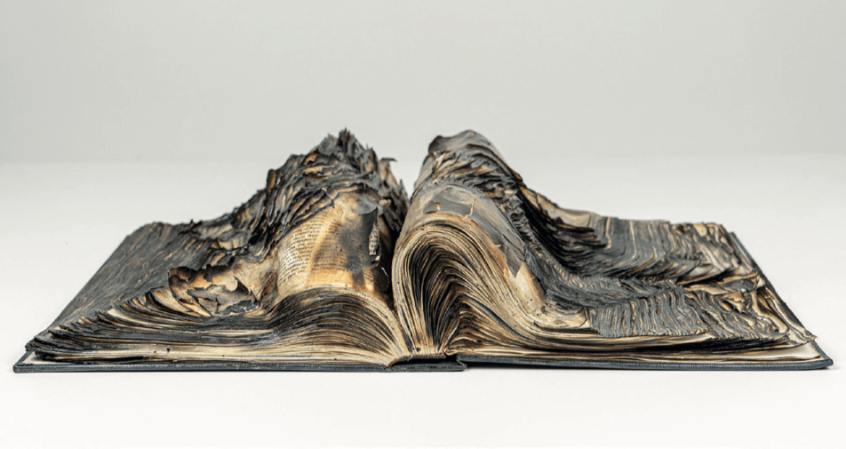 Untitled, 2017. Livre brulé, 10 x 47 x 28 cm. Villa Zito, Fondazione Sicilia © Studio Jean Boghossian