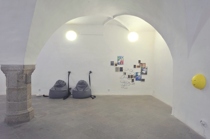 Exhibition view. From the left: Veronika Olejárová: Fasten your seatbelts!, installation, 2023. Pamela: Moorning, noon. Installation, 2023. Minami Nishinaga: Holy crop!, installation, 2023. Photo: Pavel Petrov, OGV Jihlava.