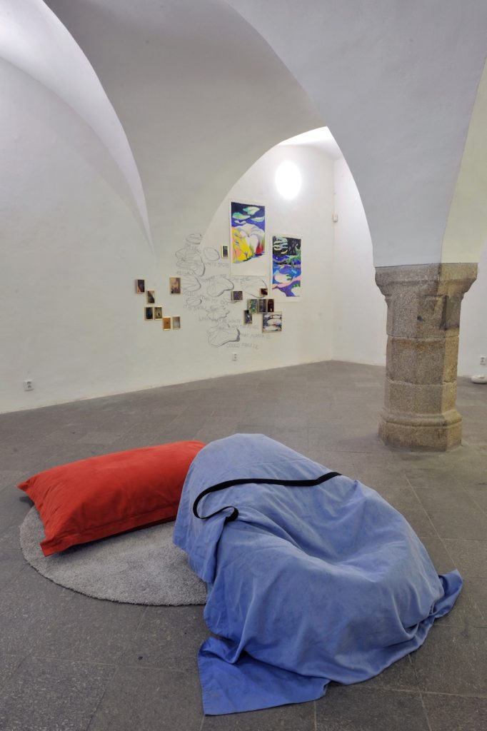 No one is bored here, but everything is boring, exhibition view. In the front: Veronika Olejárová: Fasten your seatbelts!, Installation, 2023. Photo: Pavel Petrov, OGV Jihlava.