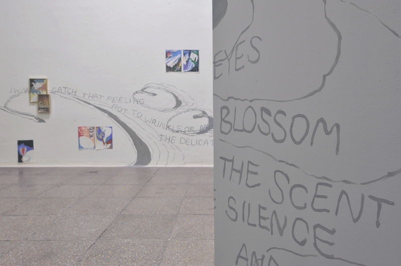 Pamela: Waterlilies. Installation, 2023. Wall painting, photography, oil pastel drawings on the paper. Photo: Pavel Petrov, OGV Jihlava