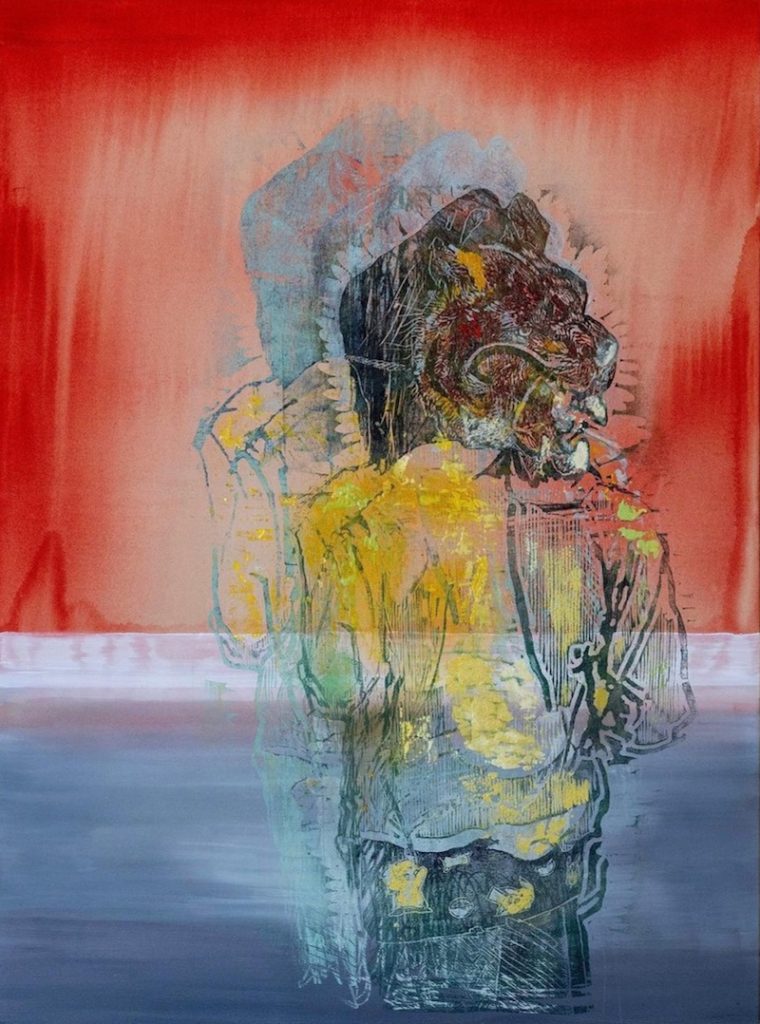 Tereza Lochmann, Tiger in the Space, Gravure sur bois et acrylique sur toile, 130 x 97 cm, de la série “Urban Circus”, 2023